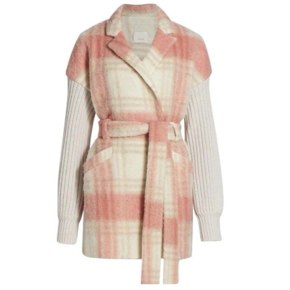 Cinq à Sept Aretha Plaid Wool Blend Coat L Salmon Pink Cream Belt Ribbed Sleeves